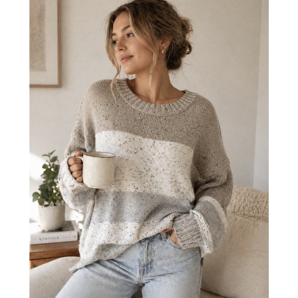 NWT Lulus Chunky Knit Sweater Neutral Colorblock Cozy Oversized Size Large